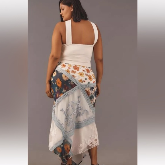 Anthropologie Printed Mermaid Maxi Skirt Embroider Mesh Floral Mix Blue Motif - Picture 5 of 7